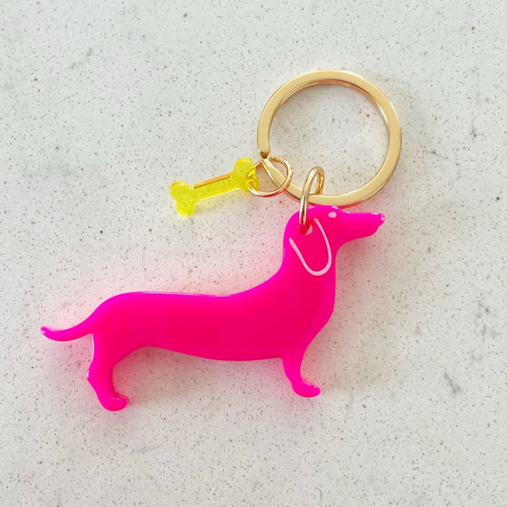 BARBIE Fuchsia Pink Dachshund Doxie Mom Acrylic Dog Bone Keychain NWT